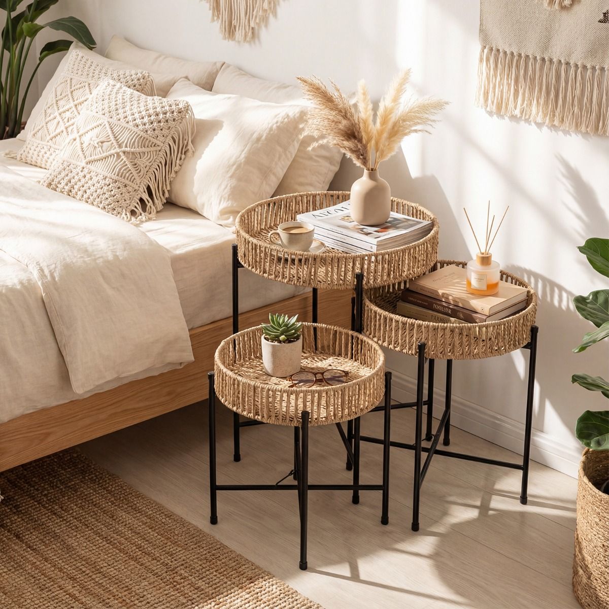 Ensemble de tables d'appoint rondes Coast - tressage bohème fait main - pieds en métal - couleur naturelle - lot de 3