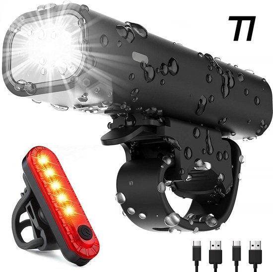 TIKKENS Kit d'éclairage LED pour vélo - Eclairage vélo USB rechargeable - Eclairage vélo avant et arrière - Eclairage VTT et vélo de route - Eclairage vélo avant et arrière étanche