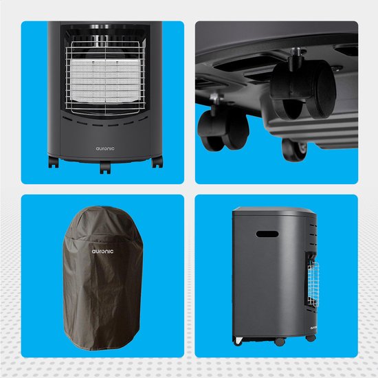 Chauffage au gaz portable Auronic - avec roulettes - jusqu'à 60 m² - Chauffage au gaz 4100 W - Régulateur de pression et tuyau de gaz inclus - Housse de rangement incluse - Anthracite