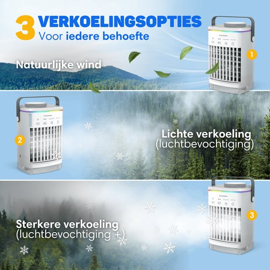 Vulpes Goods® Tech - Mini Airco PRO - Climatiseur mobile - Rafraîchisseur d'air 4en1 - Rafraîchisseur d'air - Ventilateur de table - 4 vitesses de vent, 2 modes d'humidification et minuterie - Etanche - Blanc