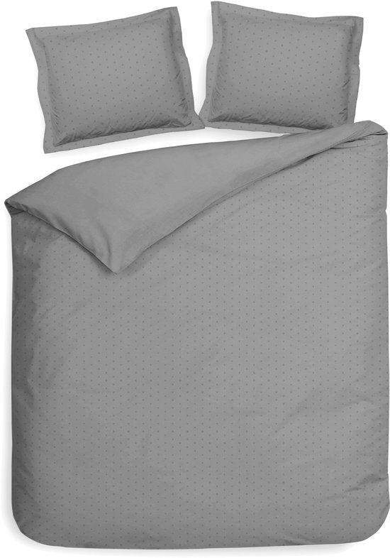Heckettlane Housse de couette Punto - Linge de lit à pois - 260 x 200-220 cm - Lits jumeaux XL - Gris - Housse de couette 100 % satin de coton