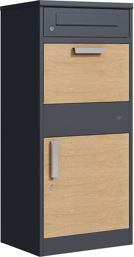 Boîte aux lettres pour colis AXI Levi en métal anthracite/aspect bois – Boîte pouvant contenir plusieurs colis – Avec serrure et compartiment séparé pour le courrier – 50,6 x 38,3 x 112 cm
