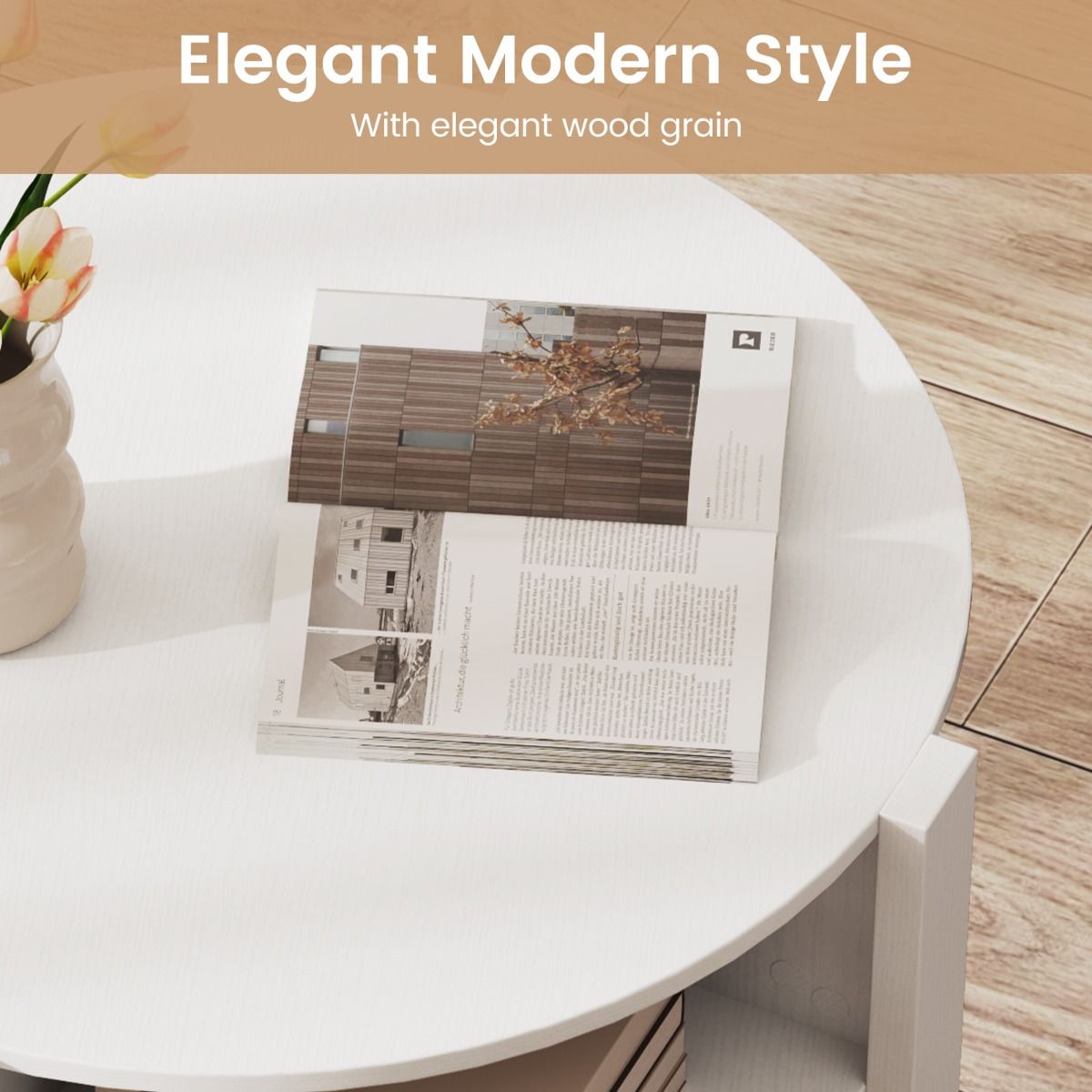 Table basse ronde Coast - avec espace de rangement - 4 étagères - blanche 74,5 x 74,5 x 45,5 cm