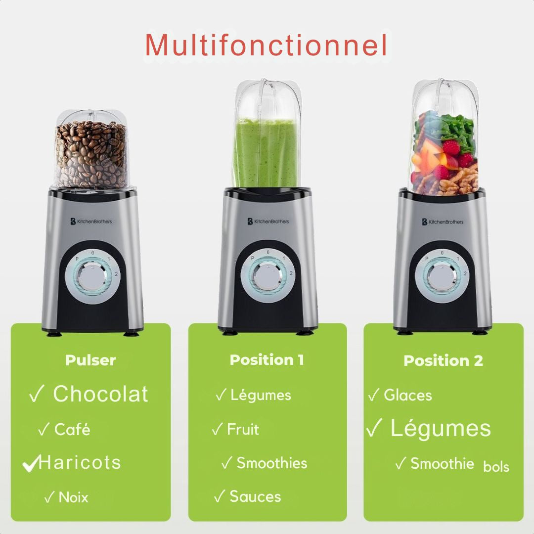 Mixeur Smoothie - KitchenBrothers - 13 Pièces - 4  Gobelets - 350W - acier inoxydable