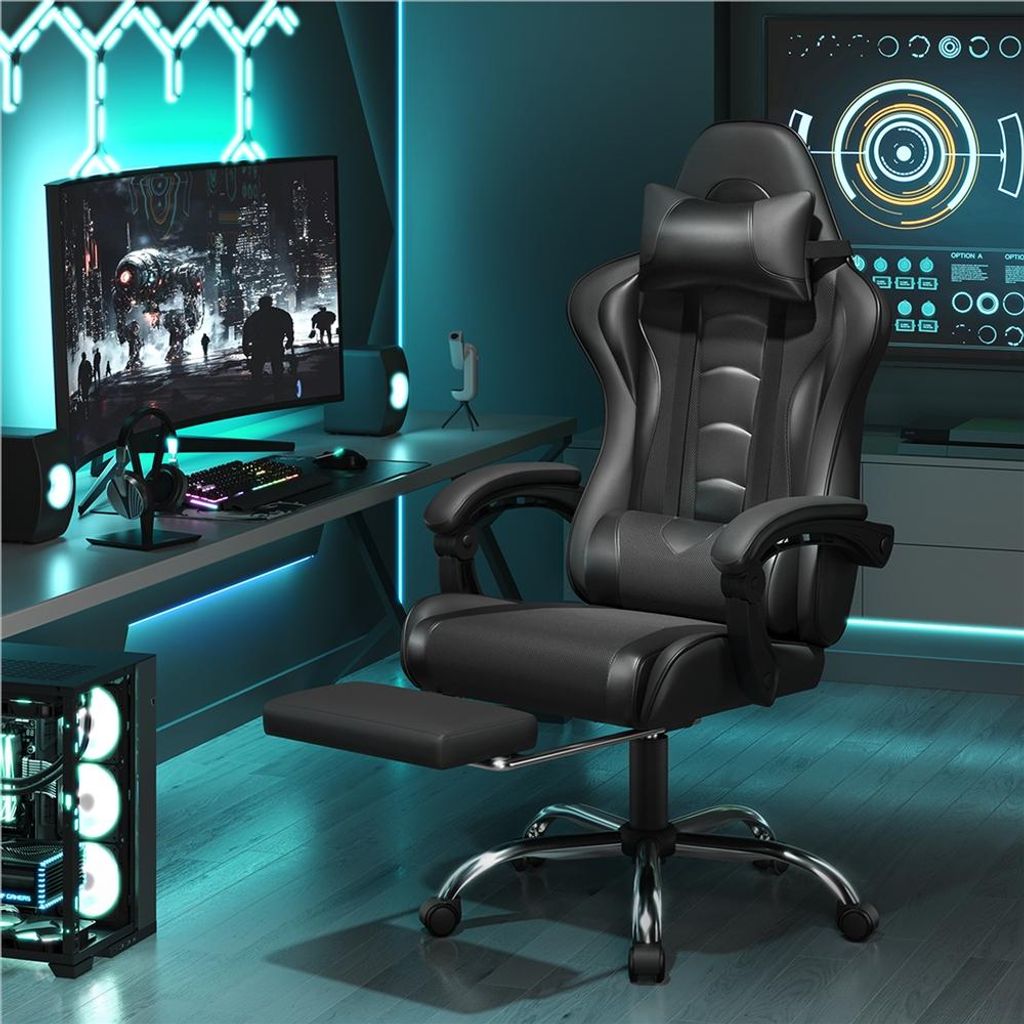 Fauteuil gaming Yaheetech avec fonction massage et repose-pieds - noir