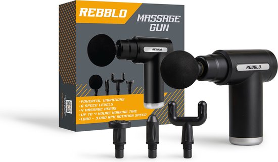 Pistolet de massage Rebblo - Appareil de massage sportif et relaxant - Pistolet de massage électrique - Pistolet de massage avec 6 vitesses et 4 boutons de massage - 24 W - 1800 mAh
