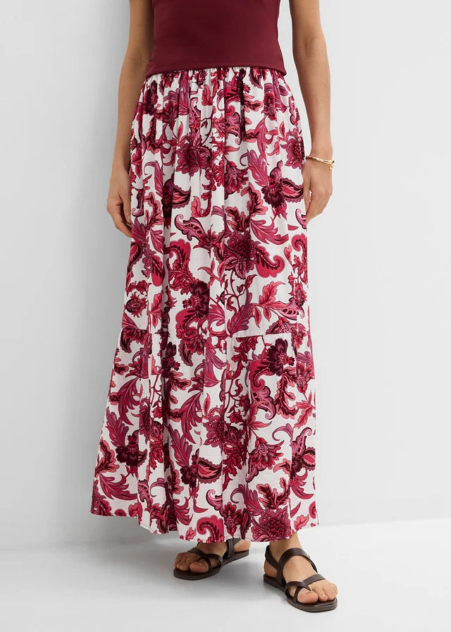 Jupe longue Bonprix en mélange de viscose souple - Coupe classique - Motifs floraux rouge érable/blanc laine