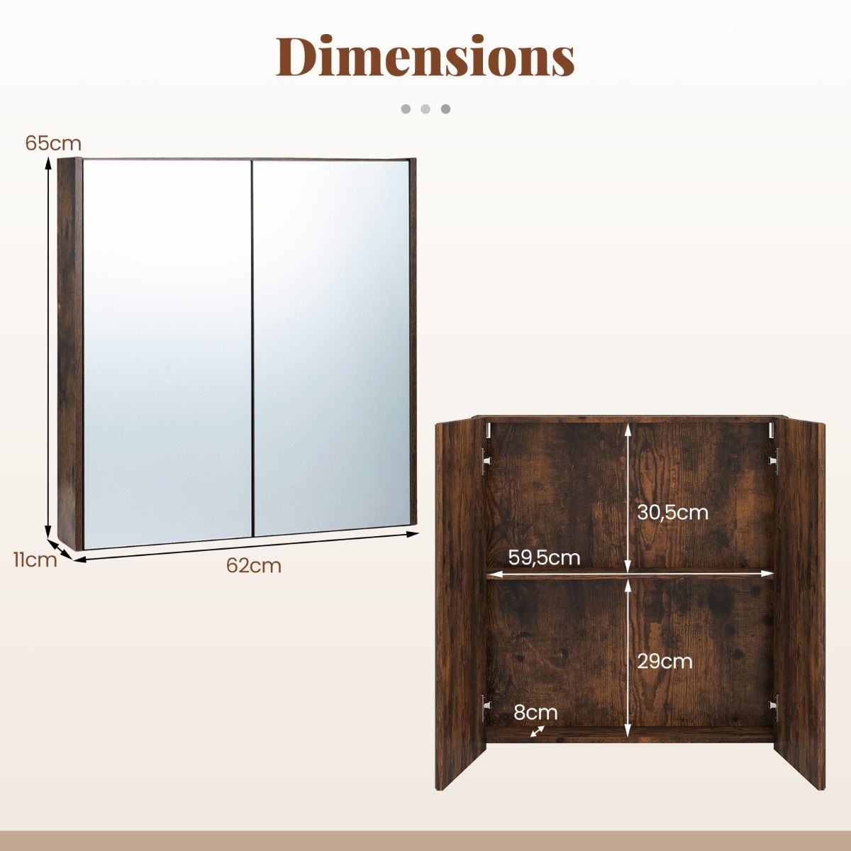 Armoire de salle de bains Coast avec portes miroir - grand espace de rangement - fixation murale - blanc/noir/marron rustique - 62 x 11 x 65 cm