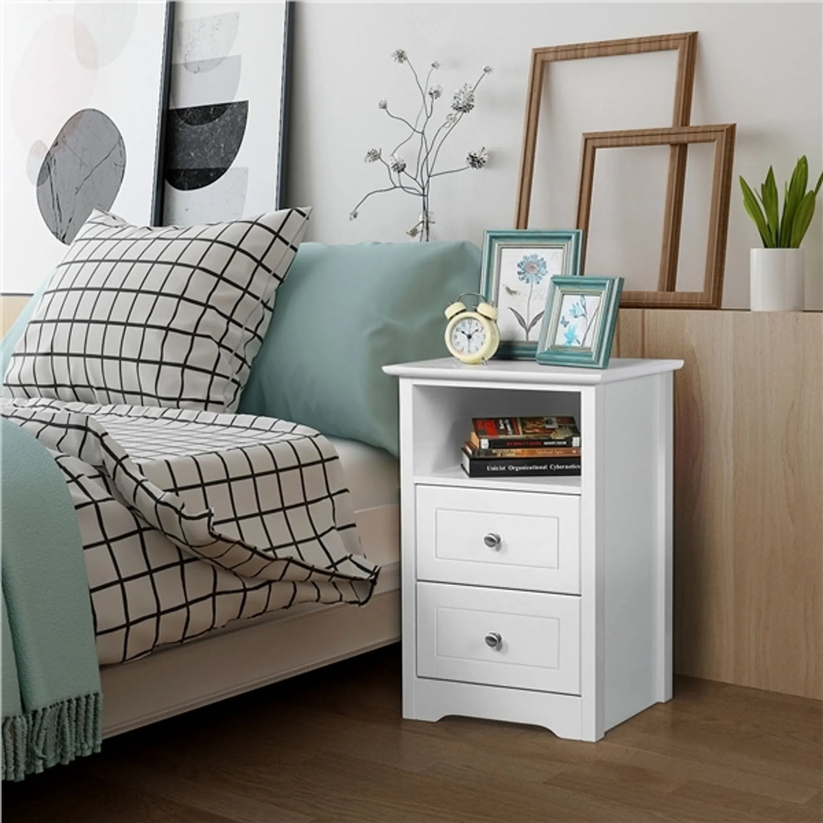 Yaheetech Table de chevet avec 2 tiroirs - 40 x 35 x 60 cm - avec rangement ouvert, design minimaliste et guides lisses - pour chambre à coucher et salon - MDF E1 blanc