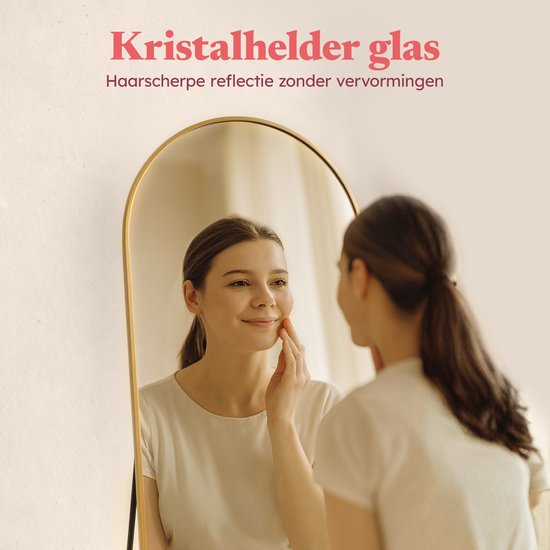 Miroir Fraay 160 x 55 cm - À poser ou à accrocher - Verre trempé - Miroir mural minimaliste - Miroir sur pied - Doré