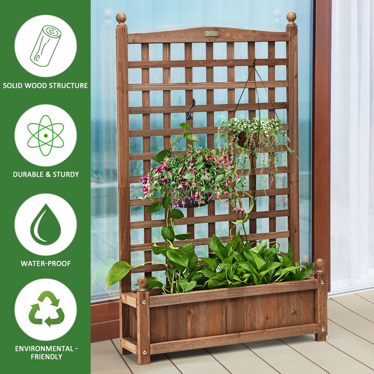 Jardinière Coast avec treillis - jardinière spacieuse - bois de pin massif - marron foncé - 64,5 x 28 x 120 cm