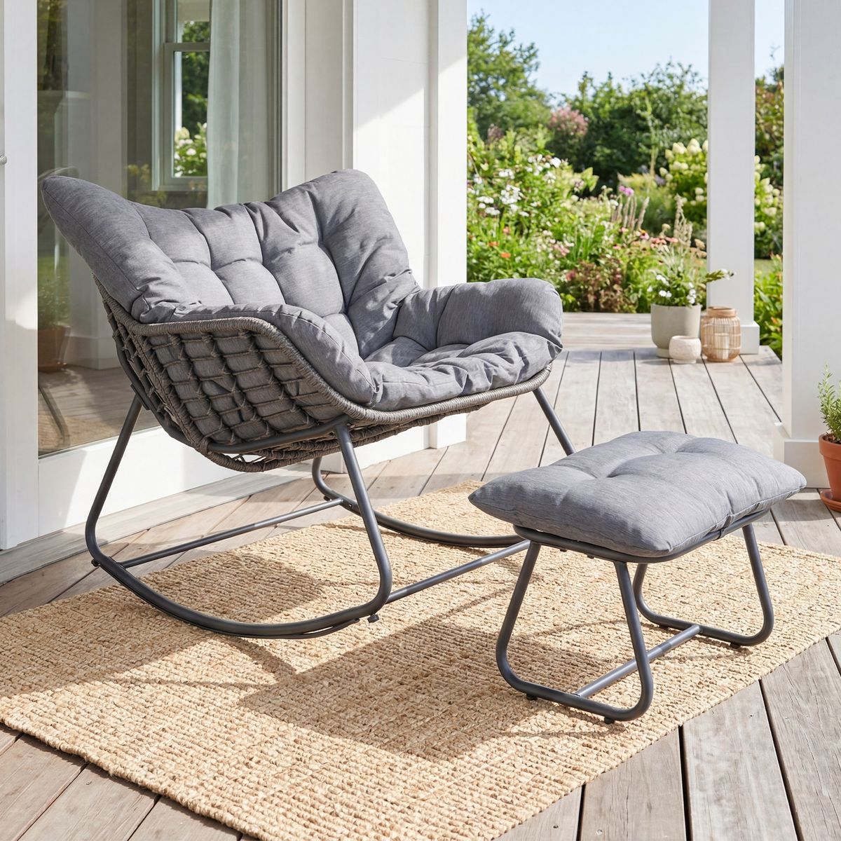 Fauteuil à bascule Coast avec repose-pieds - conception ergonomique - rotin PE et structure métallique - noir/gris/beige