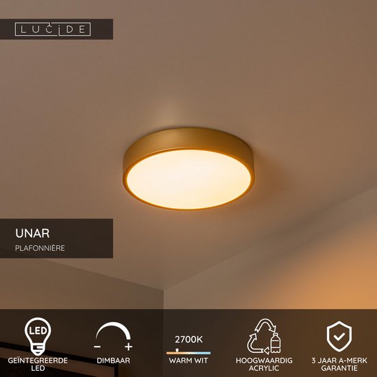 Lucide UNAR - Plafonnier - Ø 30 cm - LED 3 StepDim (mémoire) - 1x18 W 2700 K - Or mat / Laiton