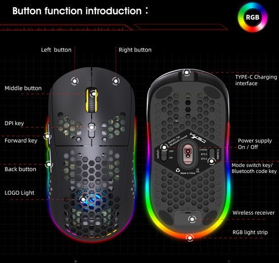 HXSJ T90 Souris de jeu sans fil 2.4G - Bluetooth - Souris d'ordinateur - Ultra légère - Eclairage RVB - Noir