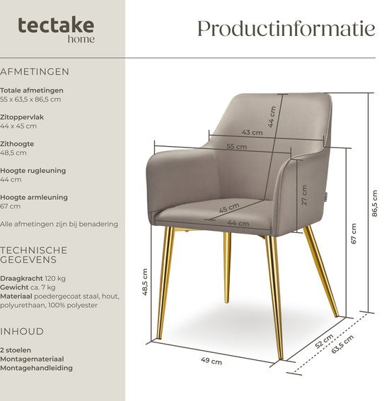 tectake® Chaise de salle à manger Avane - Aspect velours - Chaise rembourrée avec accoudoirs ergonomiques - Pieds fins en acier doré - Capacité 120 kg - Chaise de salle à manger et de cuisine confortable - Lot de 2 - Taupe