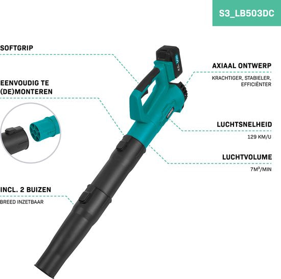 VONROC Accu Leaf Blower 20V - Modèle axial - Vitesse d'air 129 km/h - Volume d'air 7m3/min - Batterie 4.0Ah et chargeur rapide inclus