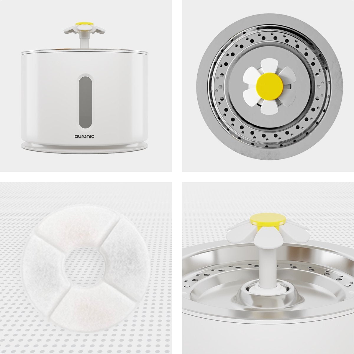 Abreuvoir Auronic - Fontaine à eau pour chats et chiens - 2.4L - Abreuvoir pour animaux - 4 filtres et 2 brosses inclus - Blanc