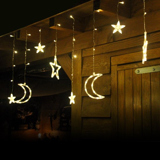 Light Curtain Giftmas  - Décoration suspendue - Intérieur/Extérieur - 3.5M - 120 LED  - Lunes et étoiles - Blanc chaud