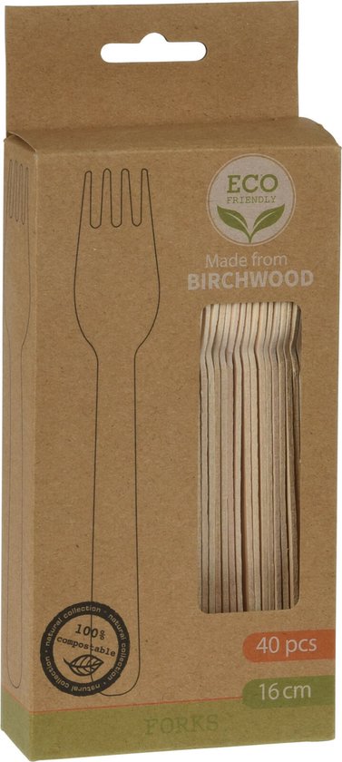 Couverts jetables pour barbecue/anniversaire/camping - fourchettes - 40 pièces - en bois - 16 cm - écologiques/compostables