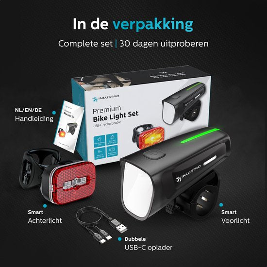 Inlustro Kit d'éclairage LED rechargeable pour vélo - Avec réduction de l'éblouissement et capteur de freinage - Éclairage pour vélo de route / cyclisme / VTT - Éclairage de vélo rouge et phare blanc - Éclairage avant Éclairage arrière Éclairage de vélo -