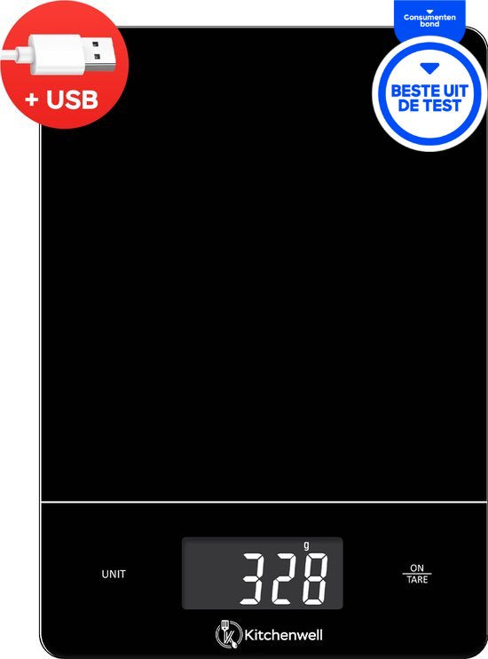 Kitchenwell Balance de cuisine numérique de précision - Balance de cuisine - 1gr - 15kg - Fonction tare - Rechargeable par USB - Noir