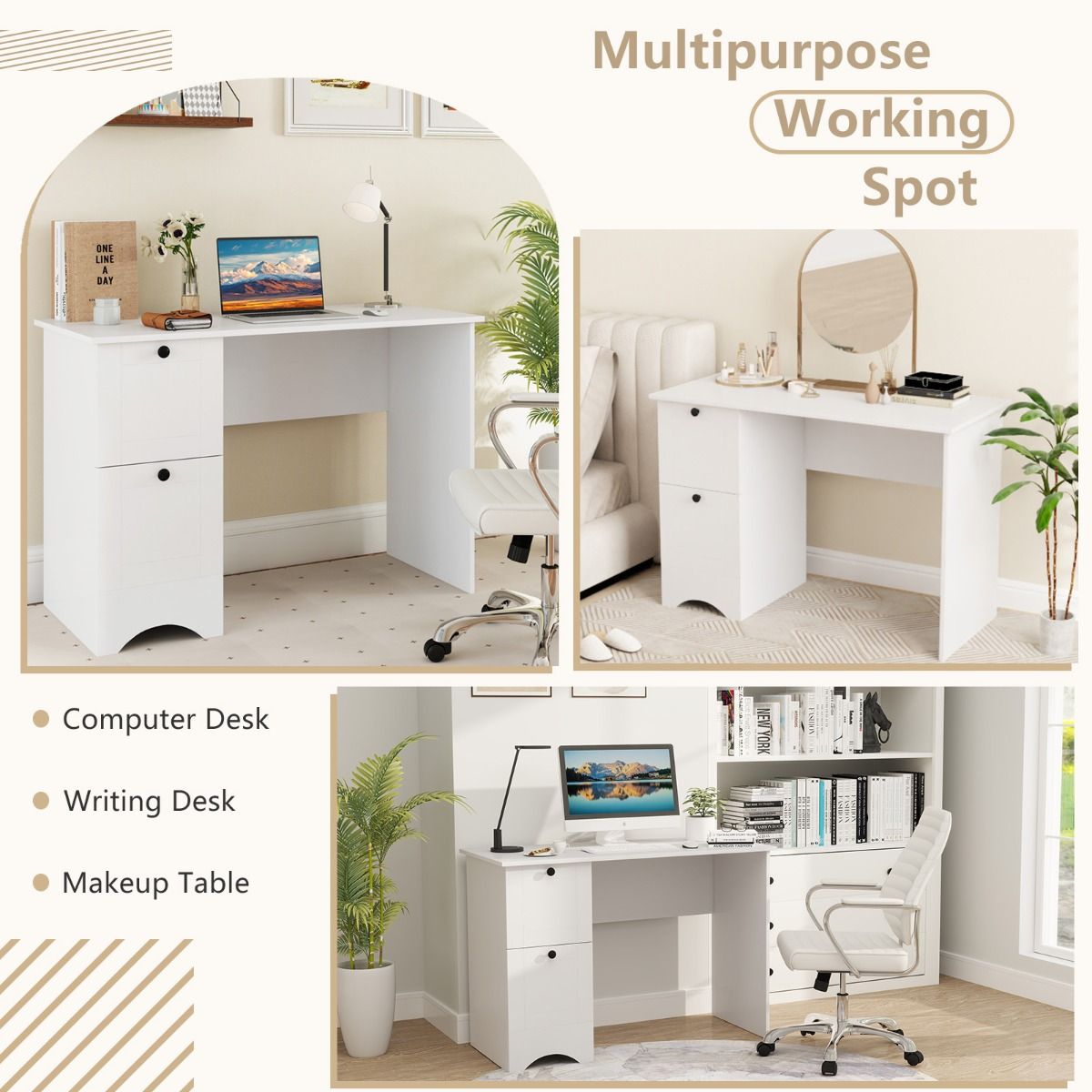 Coast Desk avec 2 tiroirs - Blanc - 109 x 50 x 75 cm - Bureau moderne pour enfants et table d'ordinateur pour la maison et le bureau