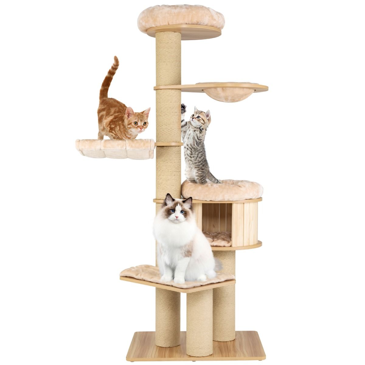 Structure d'escalade pour chats Coast - Plusieurs niveaux - Arbres à griffer et niche - Hamac et tapis lavables - Beige 75 x 56 x 191 cm