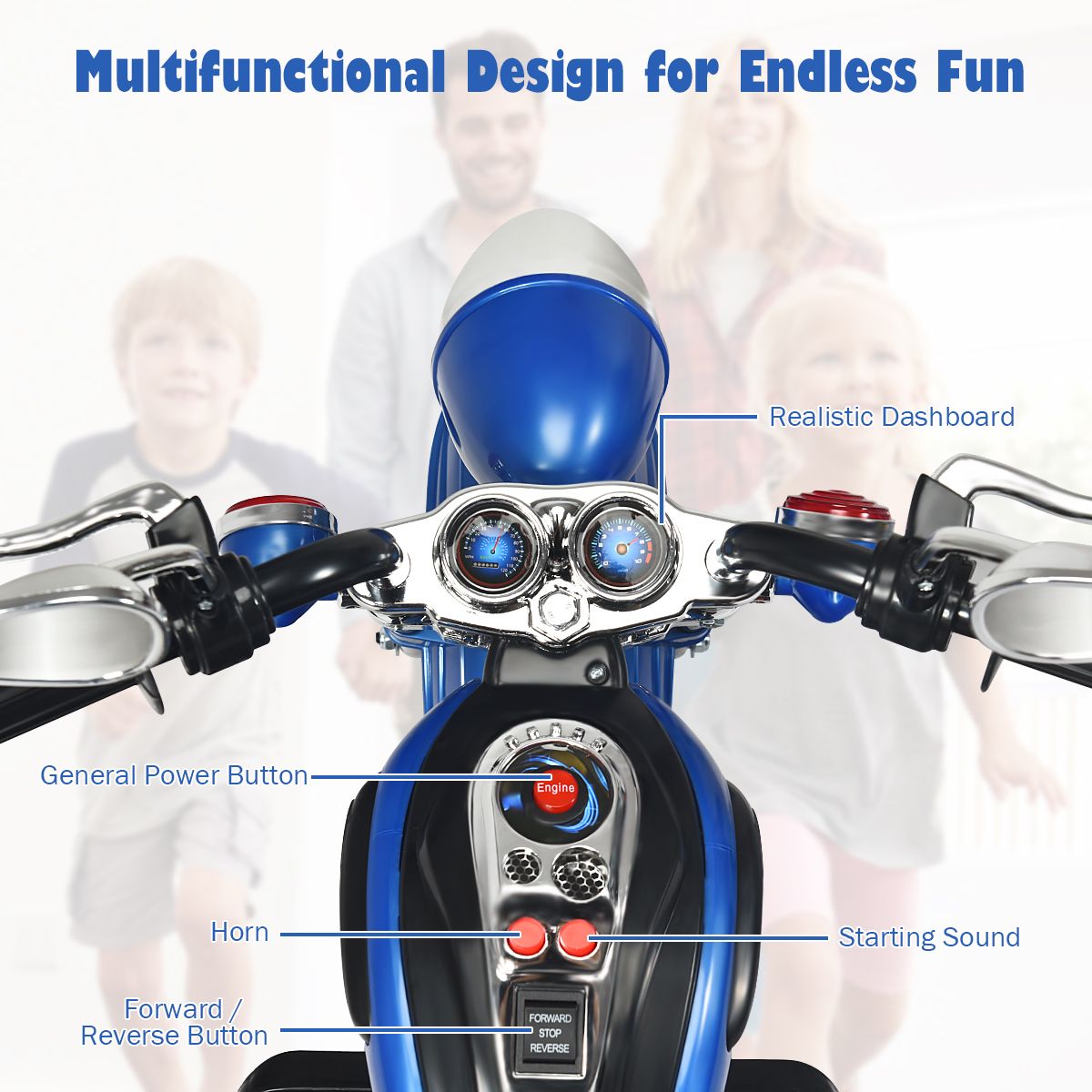 Moto électrique pour enfants Coast - Style chopper - Phare réglable - Fonction musicale - Bleu et noir - 91 x 48 x 64 cm