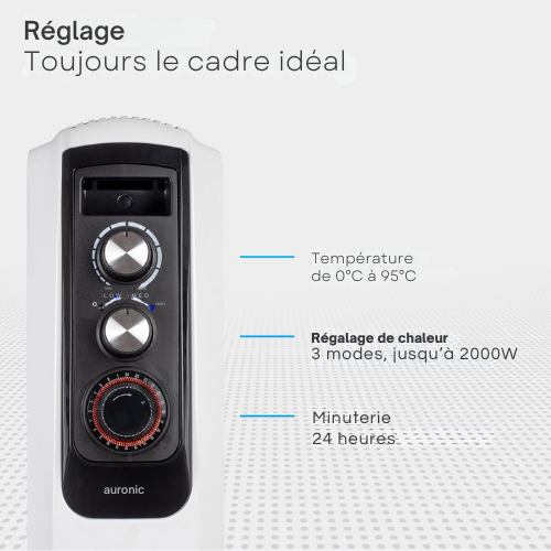 Chauffage électrique - Auronic avec Thermostat et Minuterie - 3 niveaux - Jusqu'à 2000W - Blanc