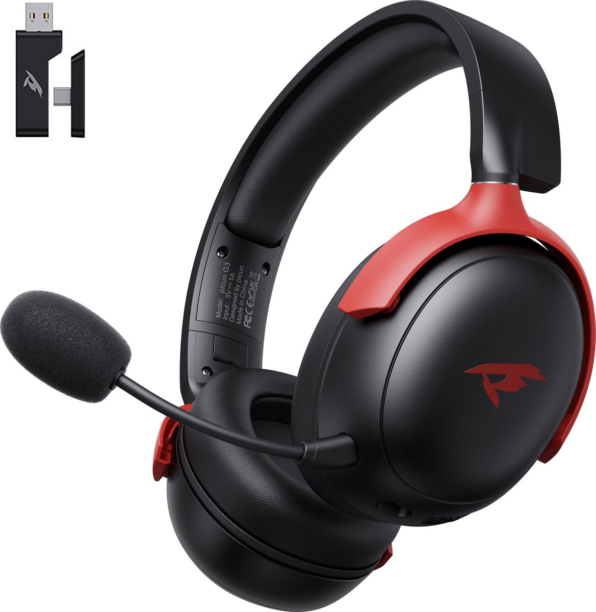 Kofire Picun G3 Wireless Gaming Headset - Casque supra-auriculaire avec microphone - Conducteurs de 53 mm - Autonomie de 50 heures - PC/PS4/PS5/Nintendo Switch/Xbox - Noir/Rouge - 238 g