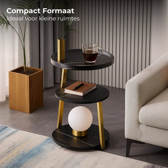 Table d'appoint moderne Lomera - Noir et or - Structure métallique dorée - Marbre noir - MDF - Table d'appoint ronde - Table de salon - Design luxueux - Aspect marbre - Polyvalence et flexibilité - Peu encombrante - Pieds réglables