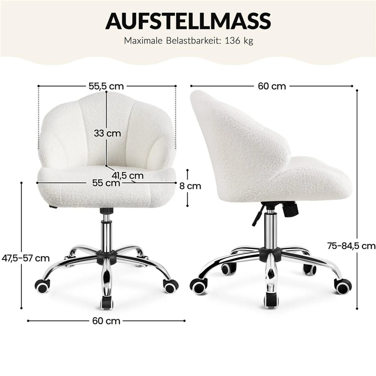 Yaheetech : élégante chaise pivotante au design en coquille, 76,5-86 cm – Blanc neige – Polyester et métal