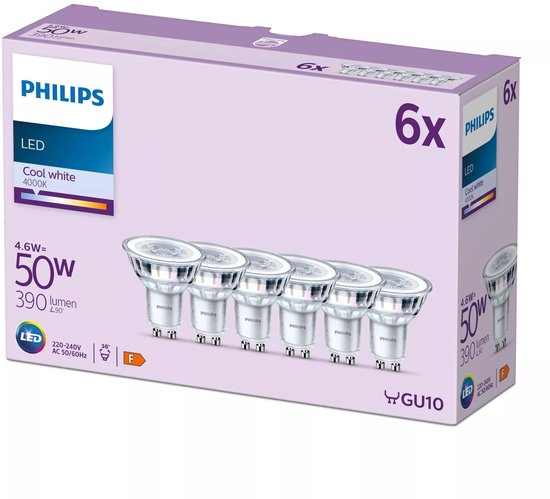 Spot LED Philips - 50 W - GU10 - Lumière blanche froide - 6 pièces