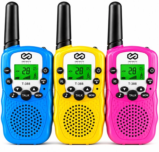 Talkie-walkie Infinity Goods - Pour enfants et adultes - Lot de 3 - Piles incluses - Portée de 3 km - Bleu, rose et jaune