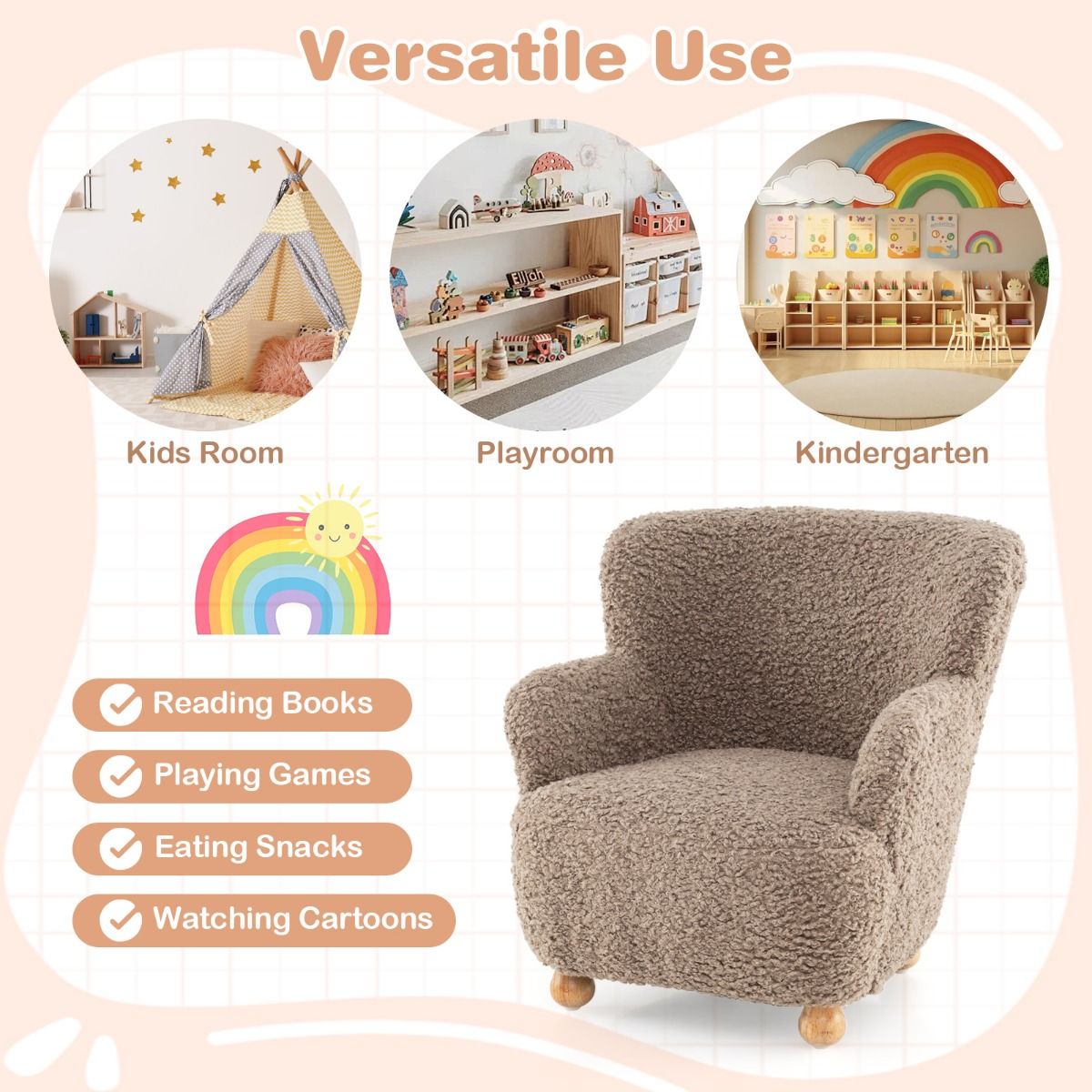 Fauteuil pour enfant Coast avec dossier - pieds en bois - chaise rembourrée pour enfant - marron clair