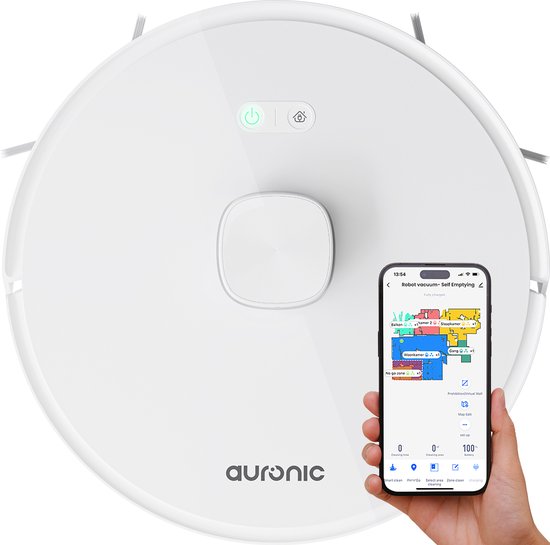 Robot Aspirateur Auronic - Avec fonction balayage - WiFi et App - Station de charge - Animaux domestiques - Navigation laser - Blanc