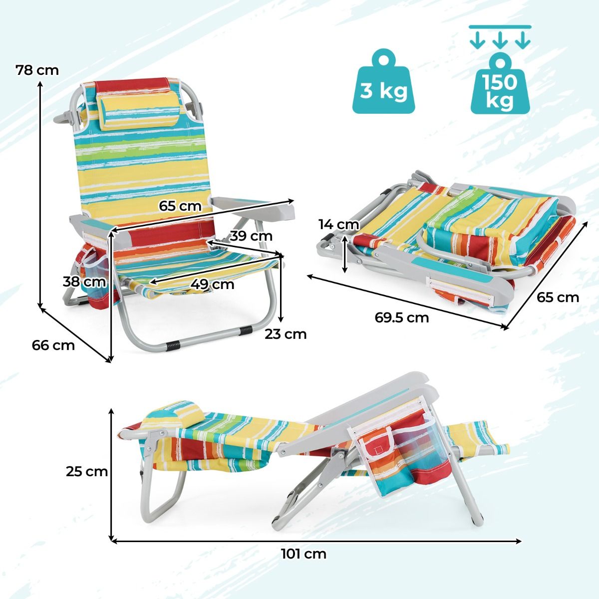 Chaise de plage avec dossier réglable à 5 positions, pliable, avec porte-gobelet et compartiments de rangement, multicolore