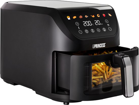 Friteuse à air chaud Princess 182257 SlimFry - Capacité de 8 L - Fenêtre de visualisation transparente - Écran tactile numérique - 8 programmes préréglés - Design compact - 2000 W