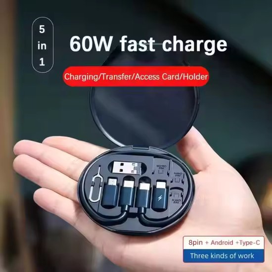 Mini kit de câbles USB multifonction 5-en-1 avec support pour téléphone et outil d'éjection de carte SIM - Chargeur rapide 60 W - Câble USB-C et adaptateur USB-C - USB vers USB-C - USB vers iPhone - USB-C vers USB-C - USB-C vers iPhone - USB-C vers Micro