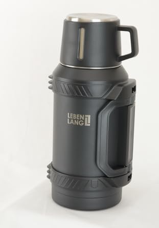 LEBENLANG - Thermos 1.5L - Bouteille isolante en acier inoxydable avec tasse, passoire à thé et sangle de transport - Jusqu'à 48 heures au chaud ou au froid - Etanche et sans BPA