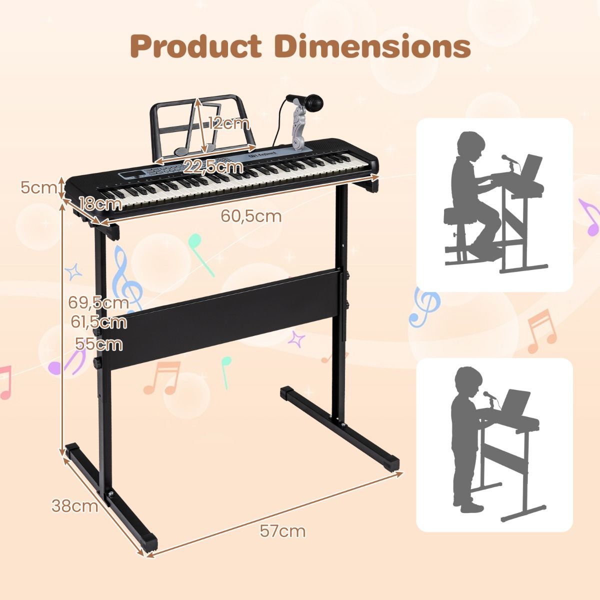 Clavier pour enfants Coast - 61 touches - support réglable - avec microphone et pupitre - noir/rouge