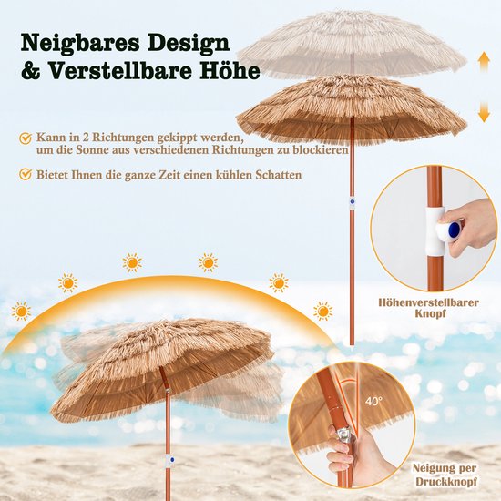COSTWAY Parasol Hawaii, Base de parasol non incluse, paravent de plage inclinable, paravent de jardin, hauteur réglable, protection contre les UV, parasol en paille pp, parasol de marché, naturel, 155 cm