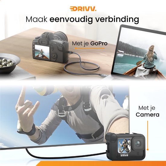 Drivv. Câble Premium Micro HDMI vers HDMI 2.1 - 8K 60Hz / 4K 120Hz Ultra HD - Convient aux caméras, GoPro, ordinateurs - 2 mètres - Gris