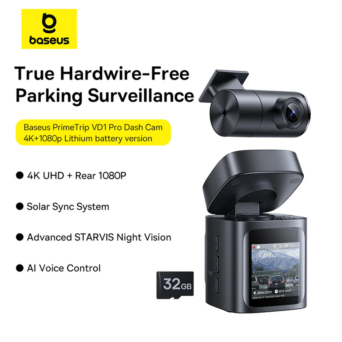 Caméra embarquée Baseus PrimeTrip VD1 Pro – Caméra avant 4K + caméra arrière 1080p – Wi-Fi – Mode stationnement – Cosmic Black