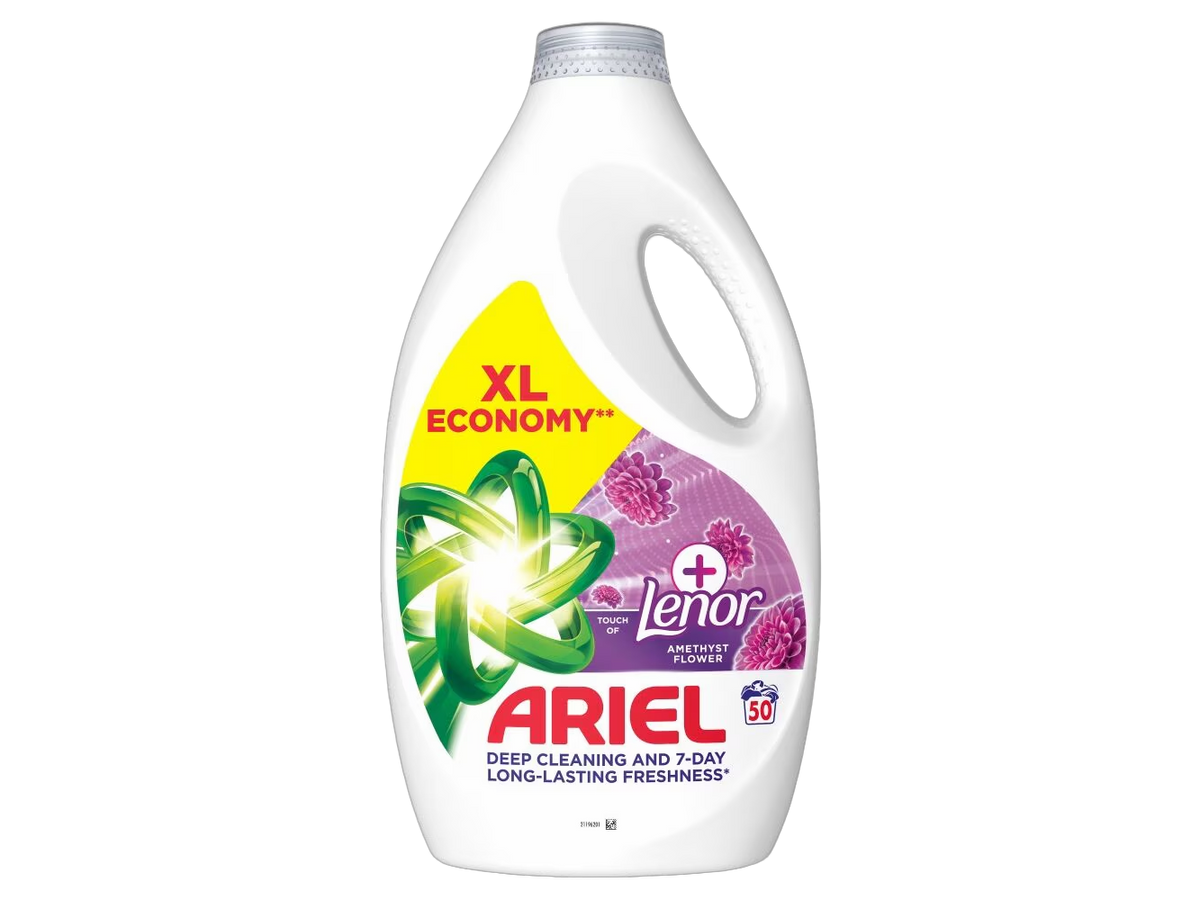 Lessive liquide Ariel + Lenor Amethyst Flower - 4 x 2,25 l - 200 lavages - Jusqu'à 7 jours de fraîcheur