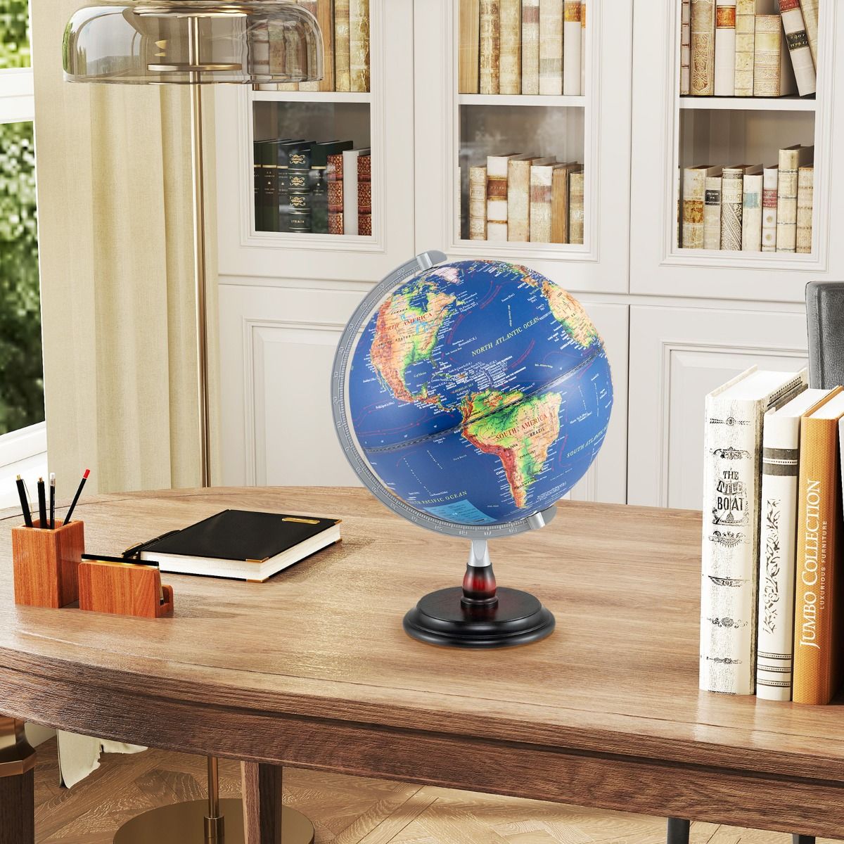 Globe terrestre lumineux Coast - Rotation à 360° - Socle en bois - Bleu marine - 32 x 32 x 45 cm