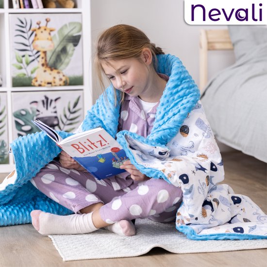 Housse de couette lestée Nevali pour enfant - Housse de couette pour enfants 100 x 150 cm - 4 saisons - Bleu Minky à pois - Couette en polaire pour enfants et bébés