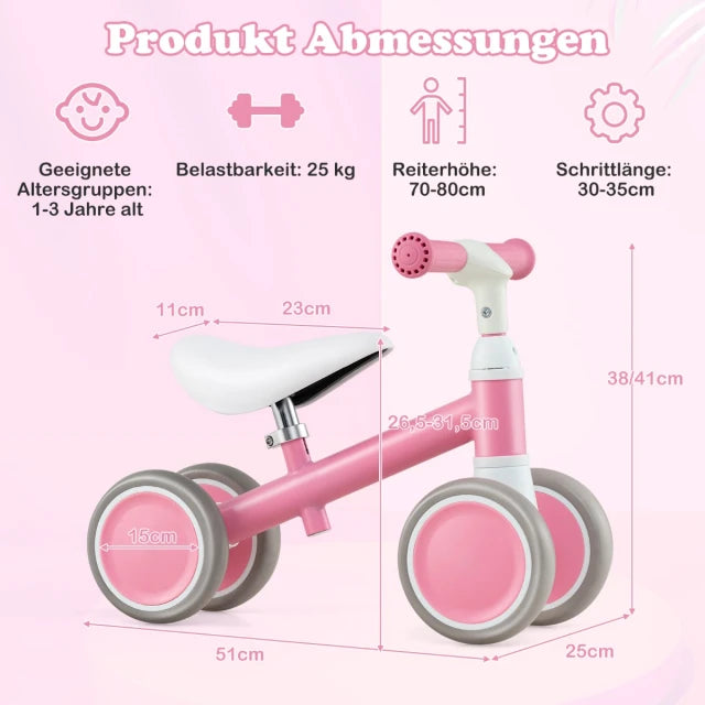 Coast Balance Bike 4 Wheels 51 × 25 × 38/41 cm - Pink - Vélo d'équilibre réglable pour enfants de 1 à 3 ans