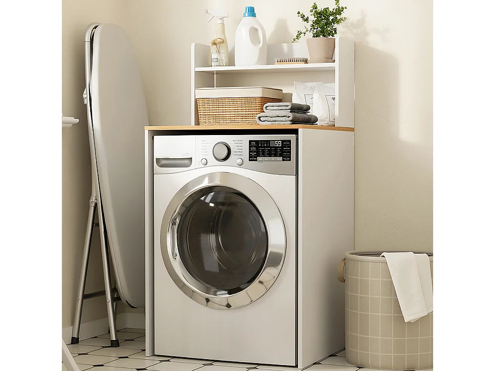 Meuble pour lave-linge SoBuy BZR224-WN - Avec plan de travail et étagère ouverte - 66 x 60 x 126,5 cm - Blanc/Chêne clair