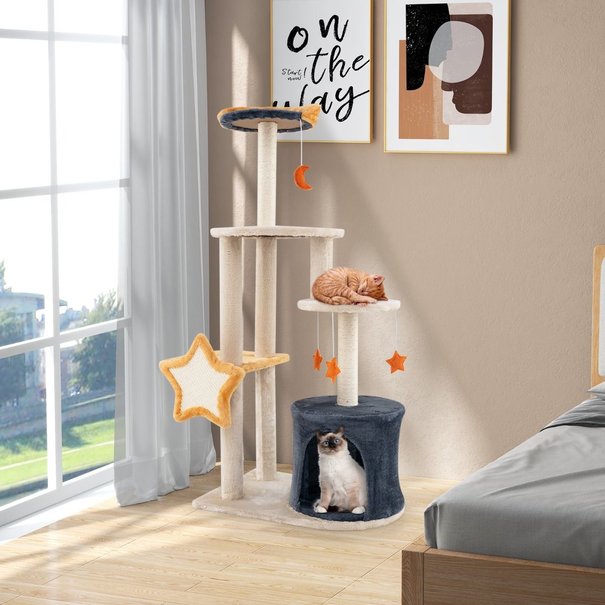 Arbre à chat Coast - 128 cm - Plusieurs étages - Poteaux à griffer en sisal - Beige et gris